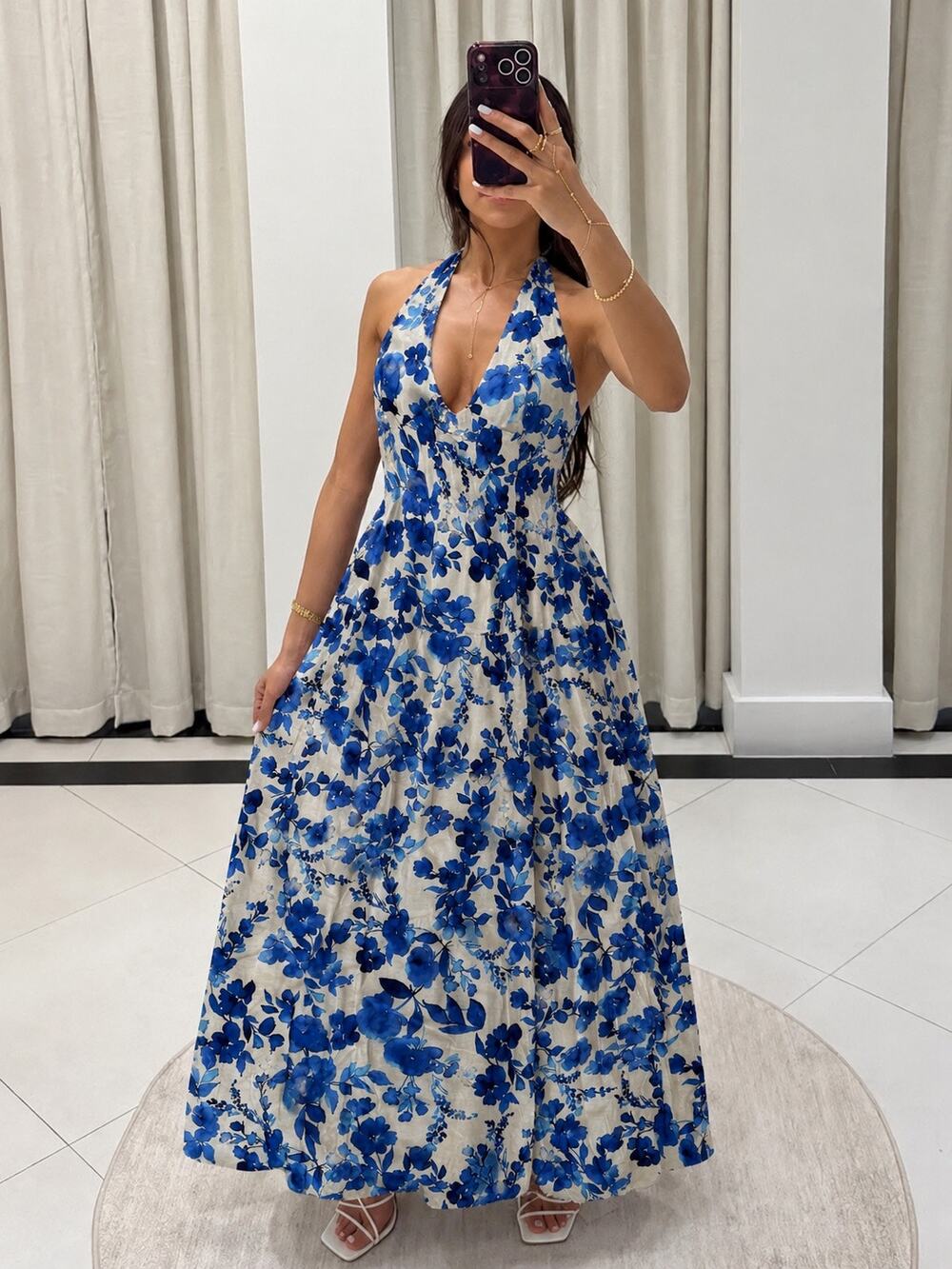 Commense Resort Sunshine Blue Floral Vacation Casual Maxi Dress NWT Small